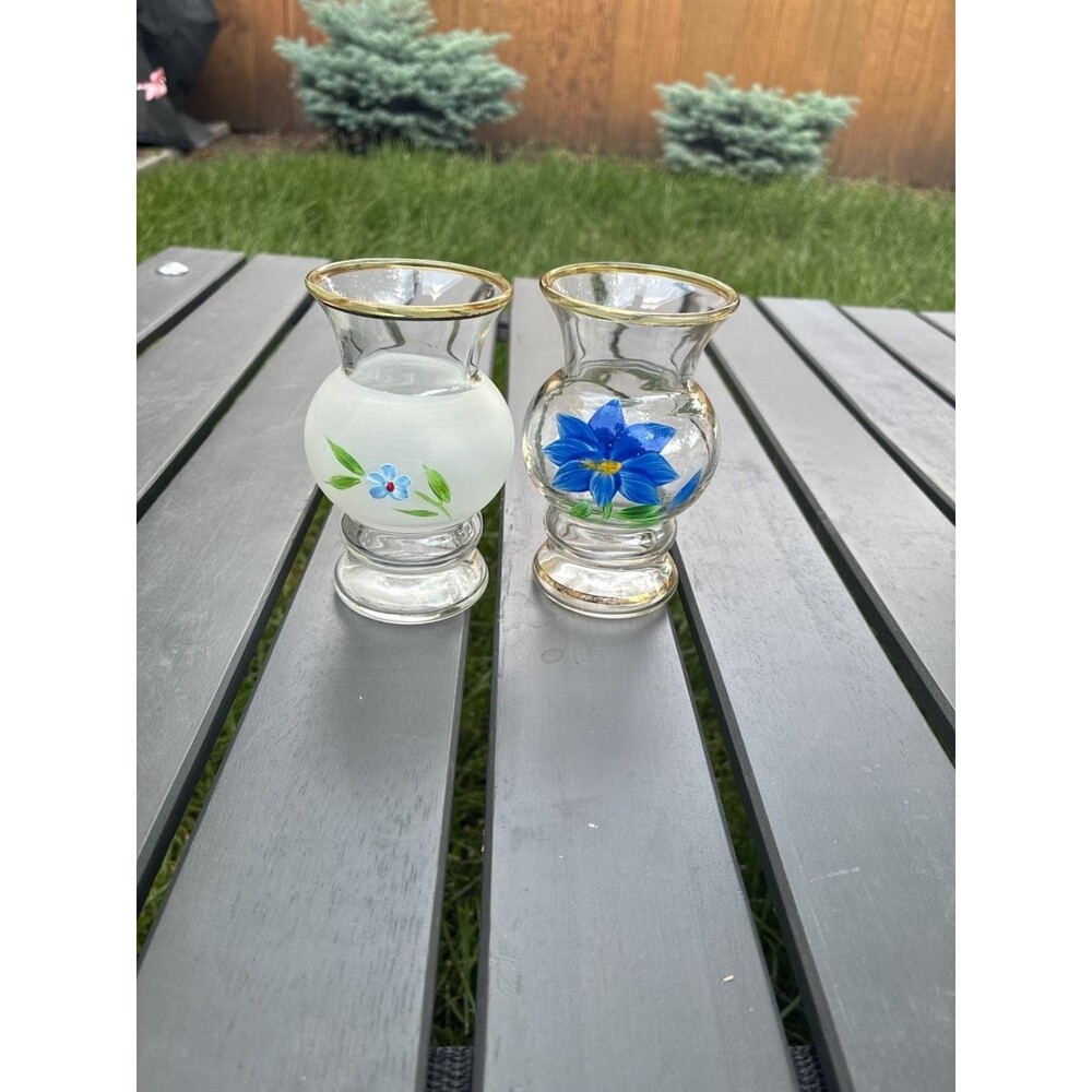 Pair of Hand Painted Floral Glass Vases in Original Box - FRAME-VUE CARTON -